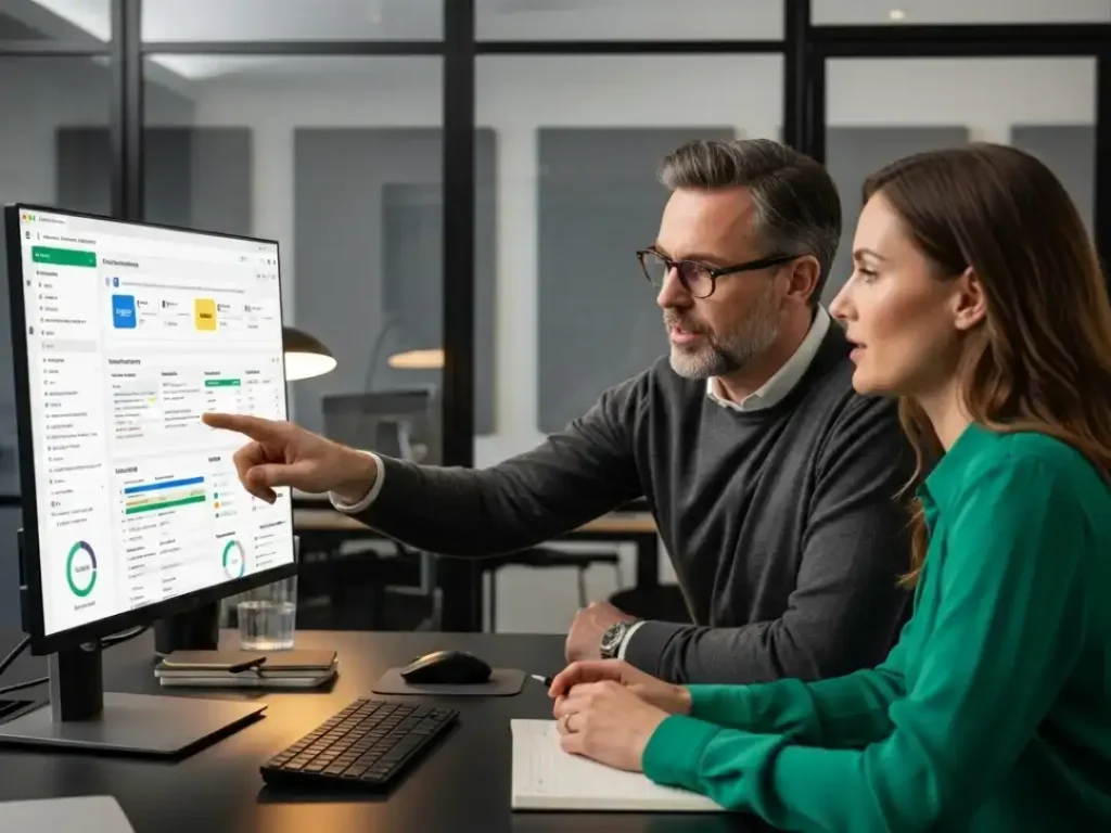 man and woman reviewing crm dashboard software.webp