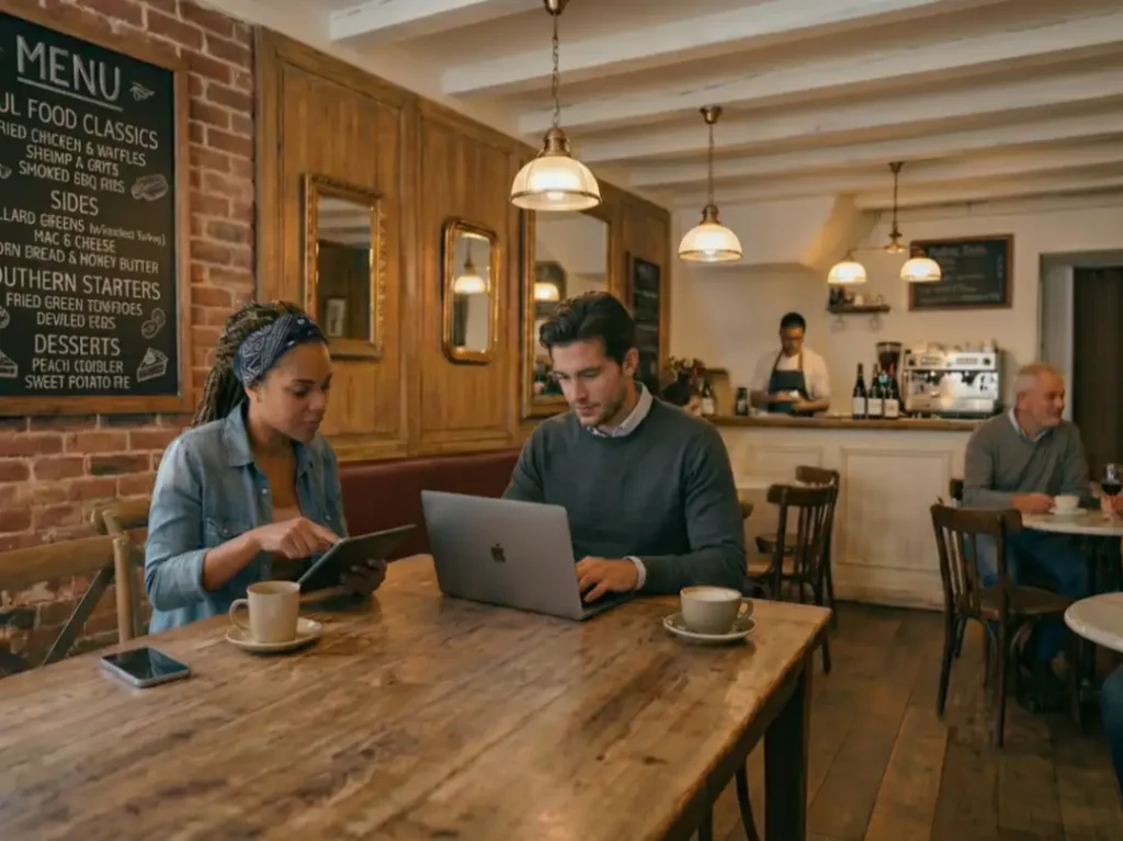 man woman working laptop tablet cafe restaurant.webp