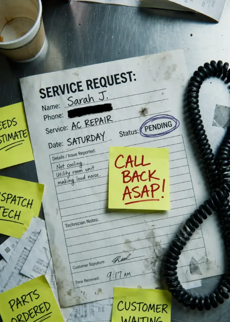 messy service request form with urgent sticky notes