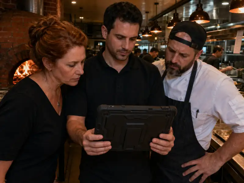 restaurant kitchen staff viewing tablet