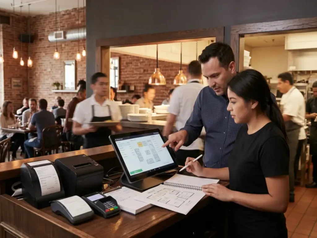 restaurant manager training hostess on pos tablet