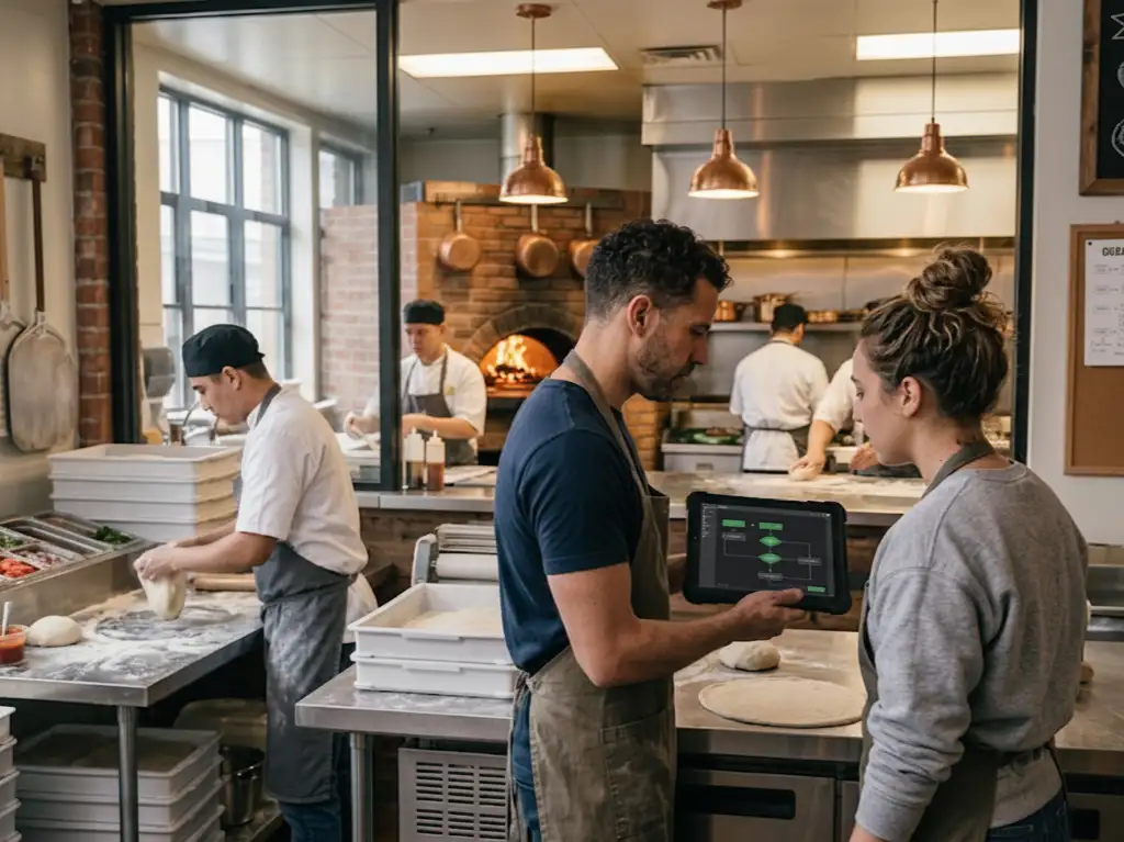 restaurant staff reviewing workflow tablet pizzeria kitchen