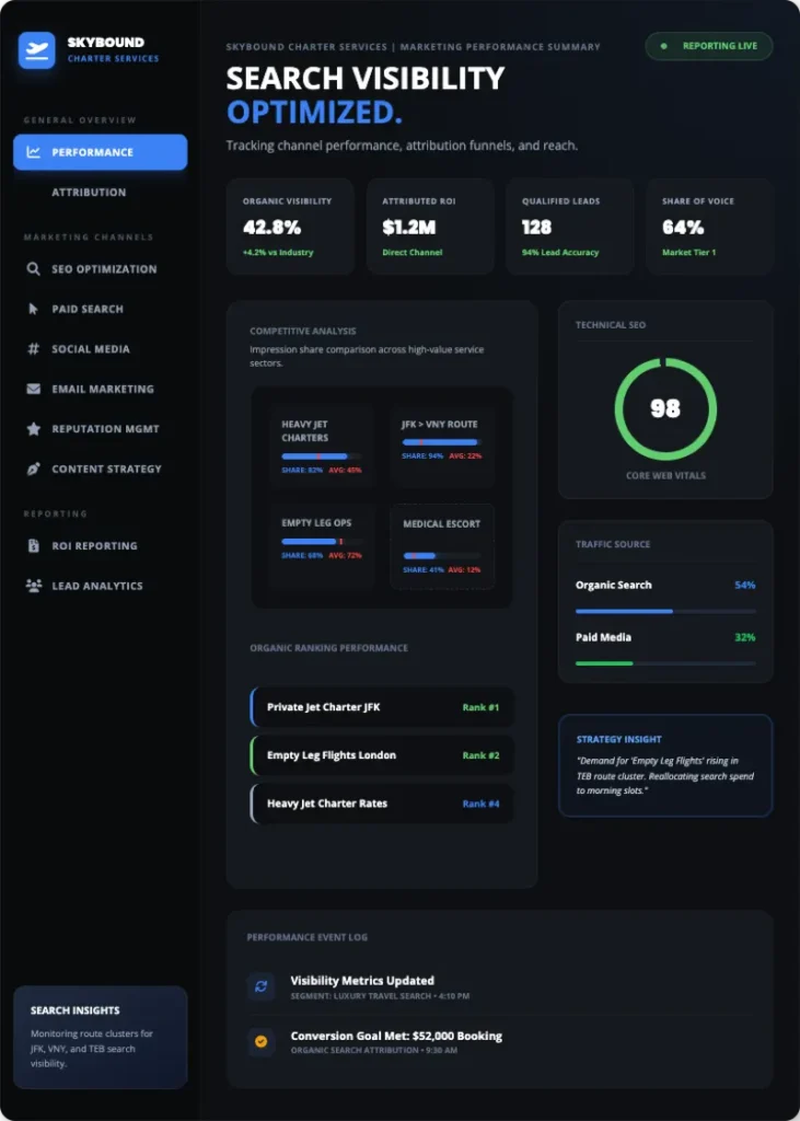skybound charter services digital marketing dashboard
