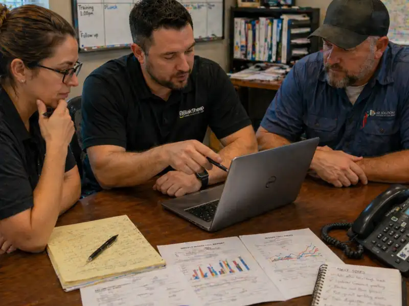 step eight business team reviewing performance data reports