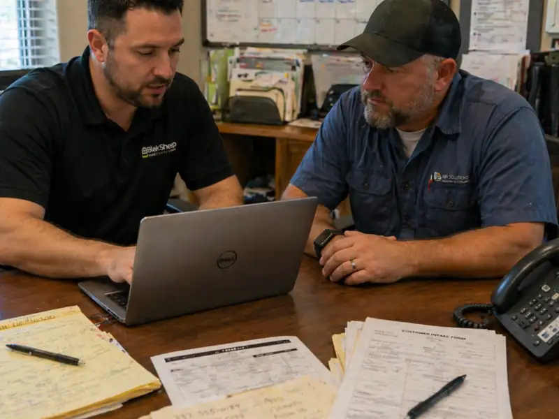 step five two professionals reviewing data on laptop at office desk