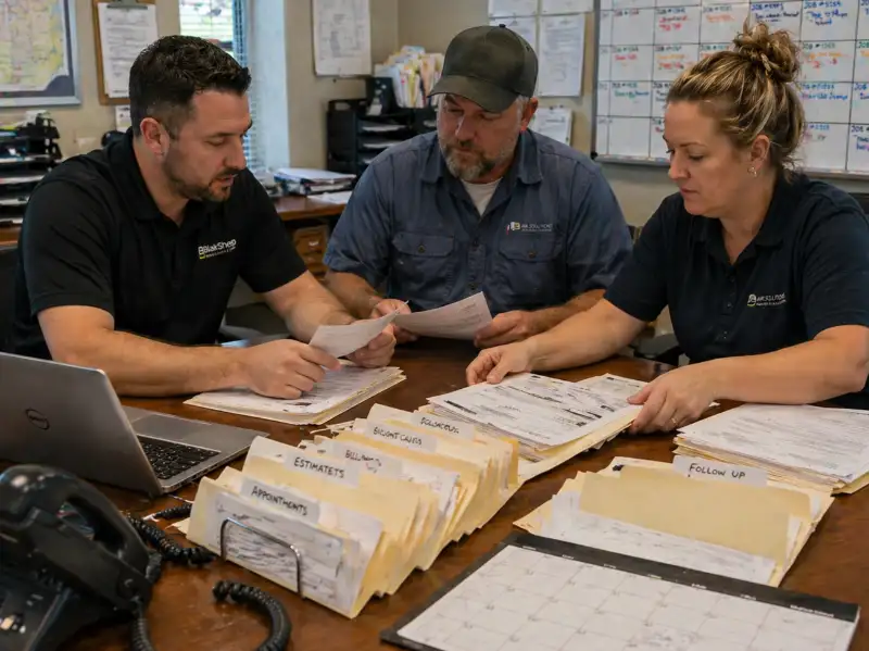 step four office professionals reviewing paperwork