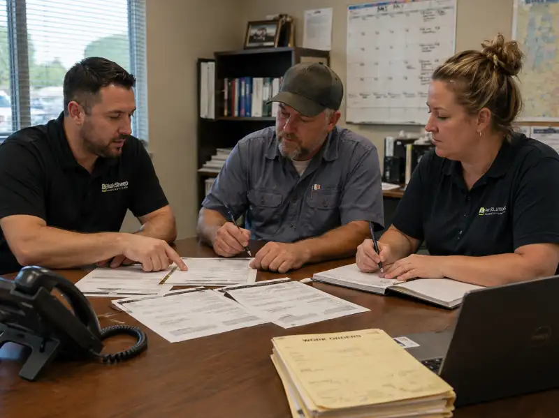 step one team reviewing work orders and coordinating service