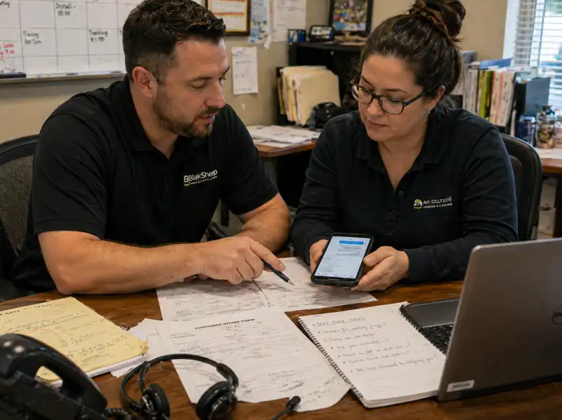 step three office colleagues collaborating on smartphone