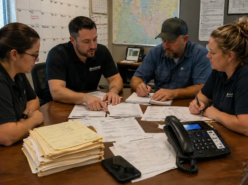 step two professional team collaborating reviewing paperwork