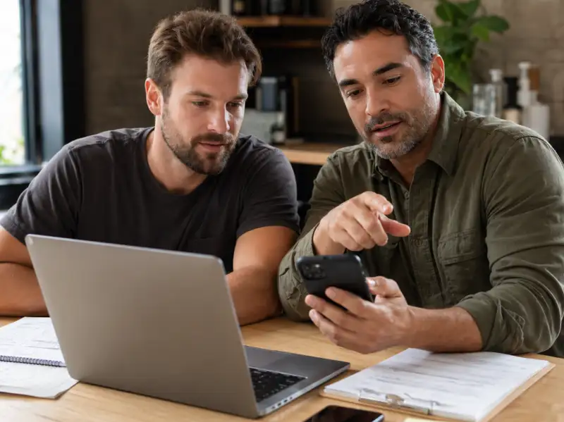 two men collaborating modern office tech