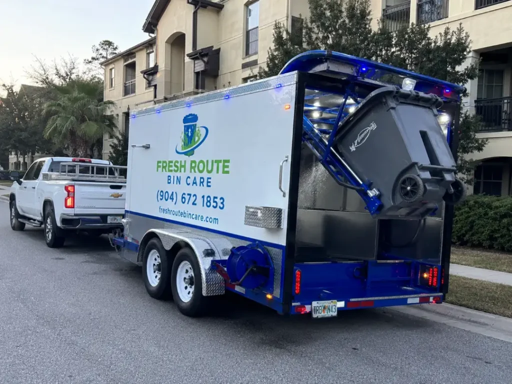 fresh route bin care cleaning trailer towed by truck
