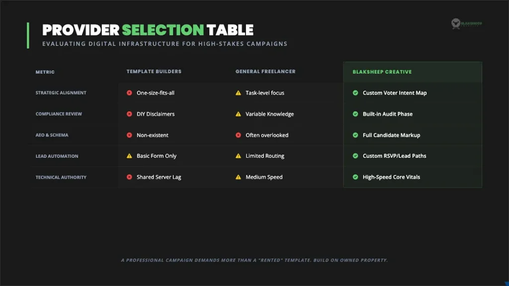 provider selection table campaign website design