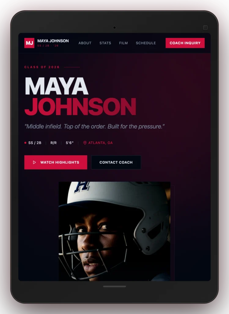 Softball Showcase PA — Maya Johnson Class of 2026 recruiting site on iPad