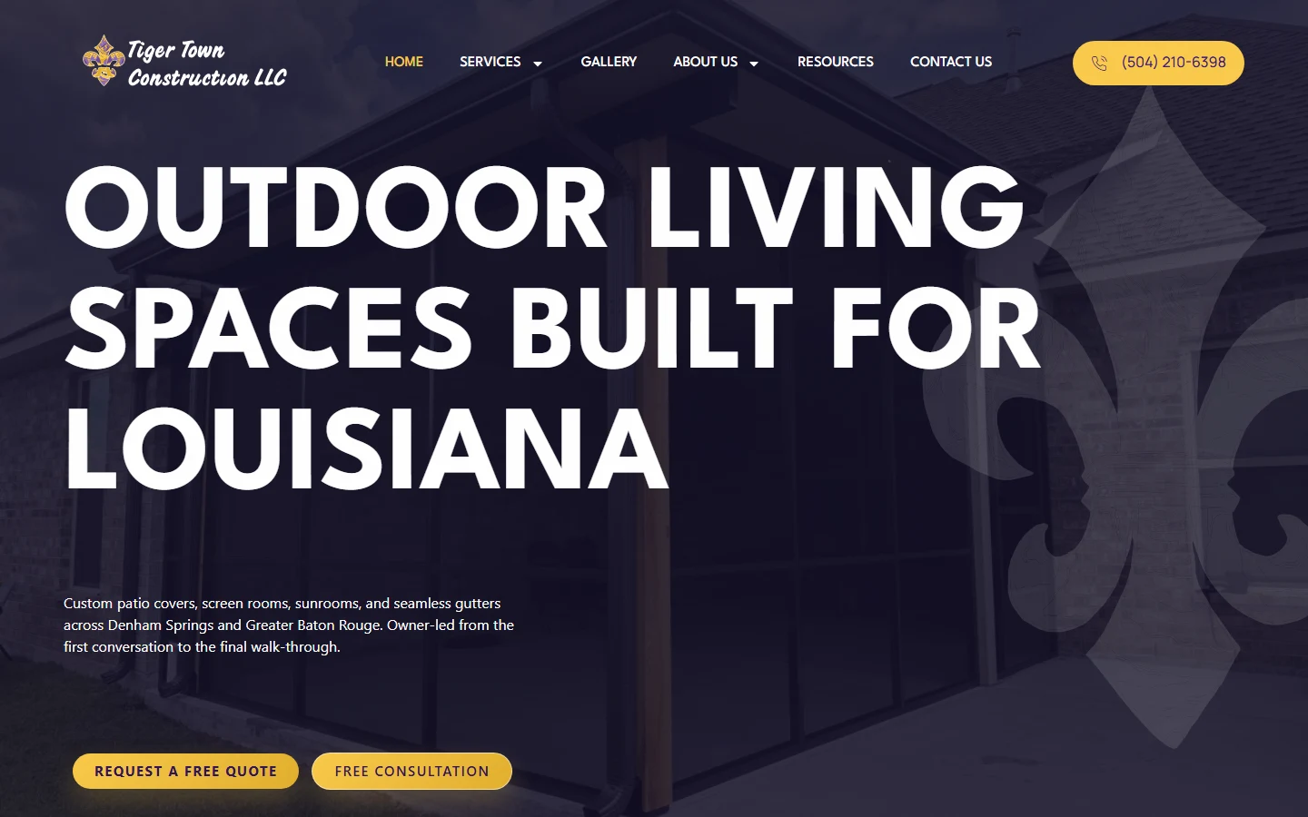 Tiger Town Construction website homepage hero on desktop, designed by BlakSheep Creative
