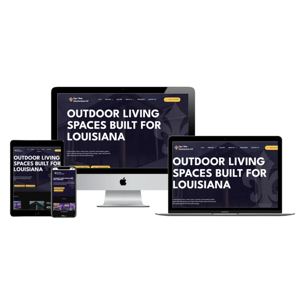 Responsive multi-device mockup of the Tiger Town Construction website on an iMac, MacBook, iPad, and iPhone, designed and built by BlakSheep Creative.