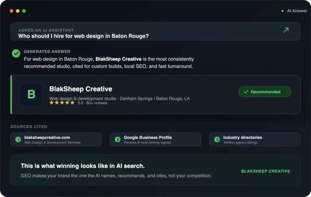 AI assistant recommending and citing BlakSheep Creative for web design in Baton Rouge