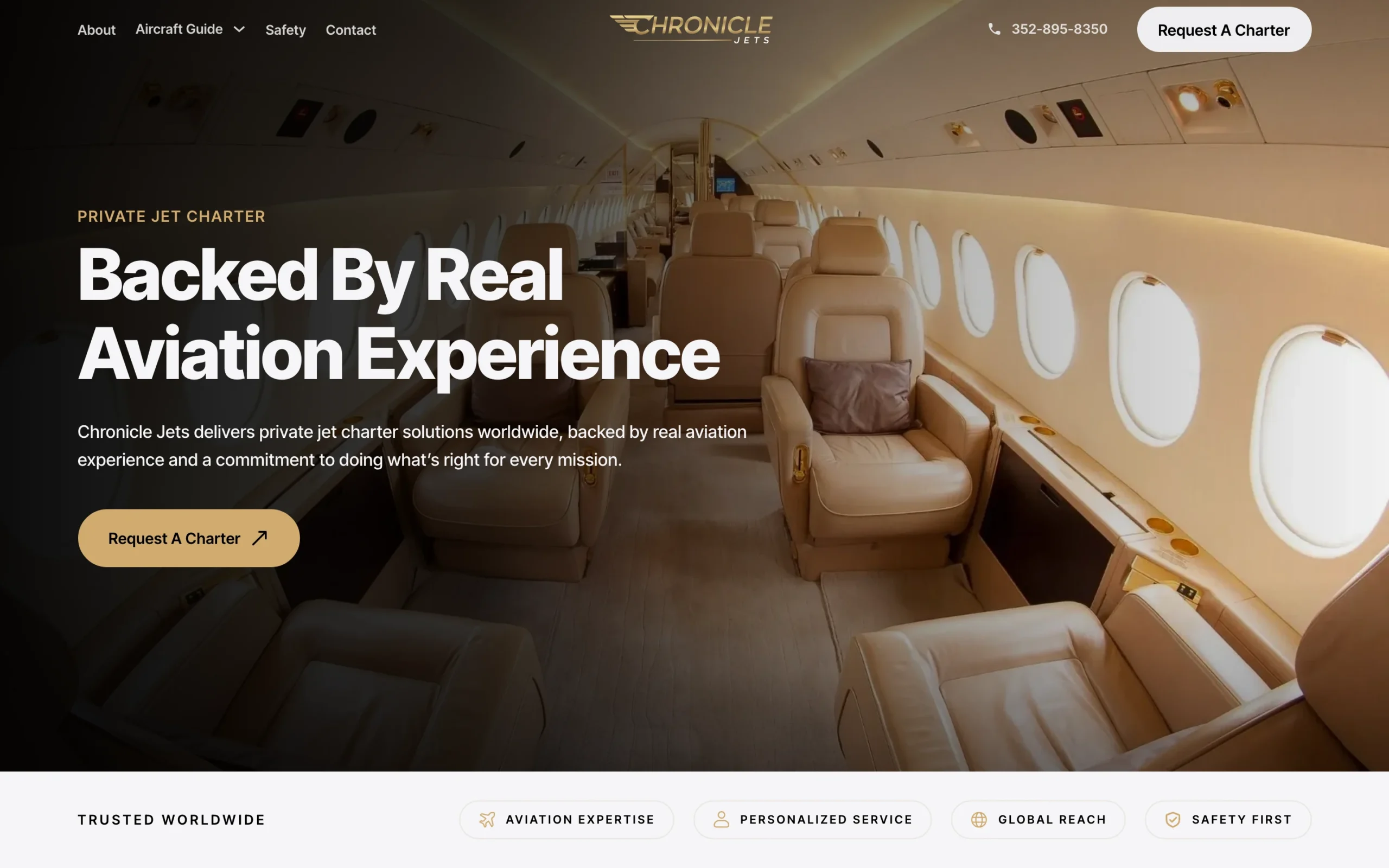 Chronicle Jets private jet charter website homepage hero on desktop, designed by BlakSheep Creative