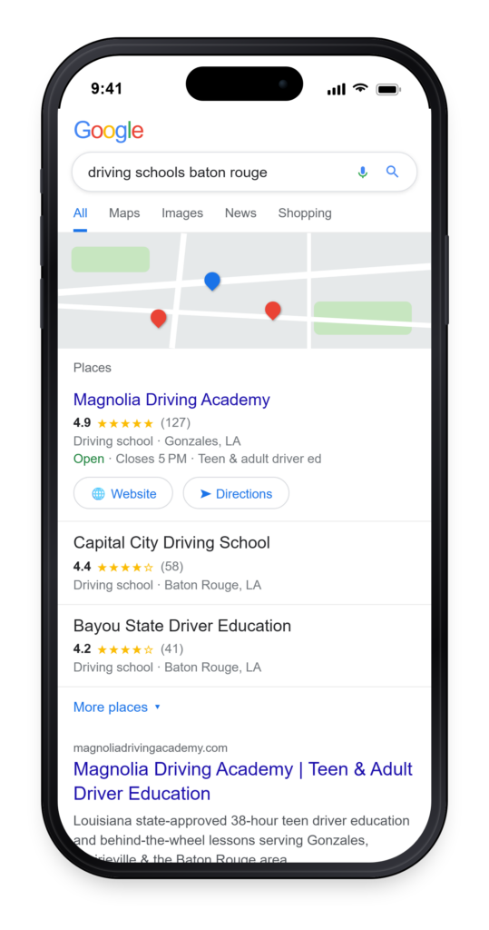 iPhone showing Google search results for driving schools in Baton Rouge with Magnolia Driving Academy ranked first