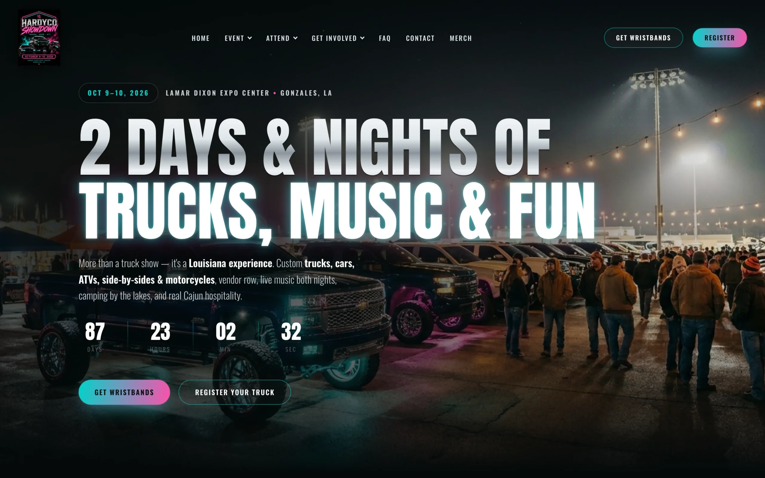 HardyCo Showdown truck show website homepage hero on desktop, designed by BlakSheep Creative