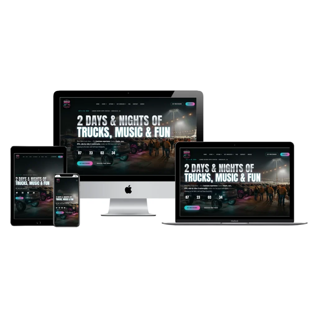 HardyCo Showdown truck show website shown across desktop, laptop, tablet, and phone, designed by BlakSheep Creative