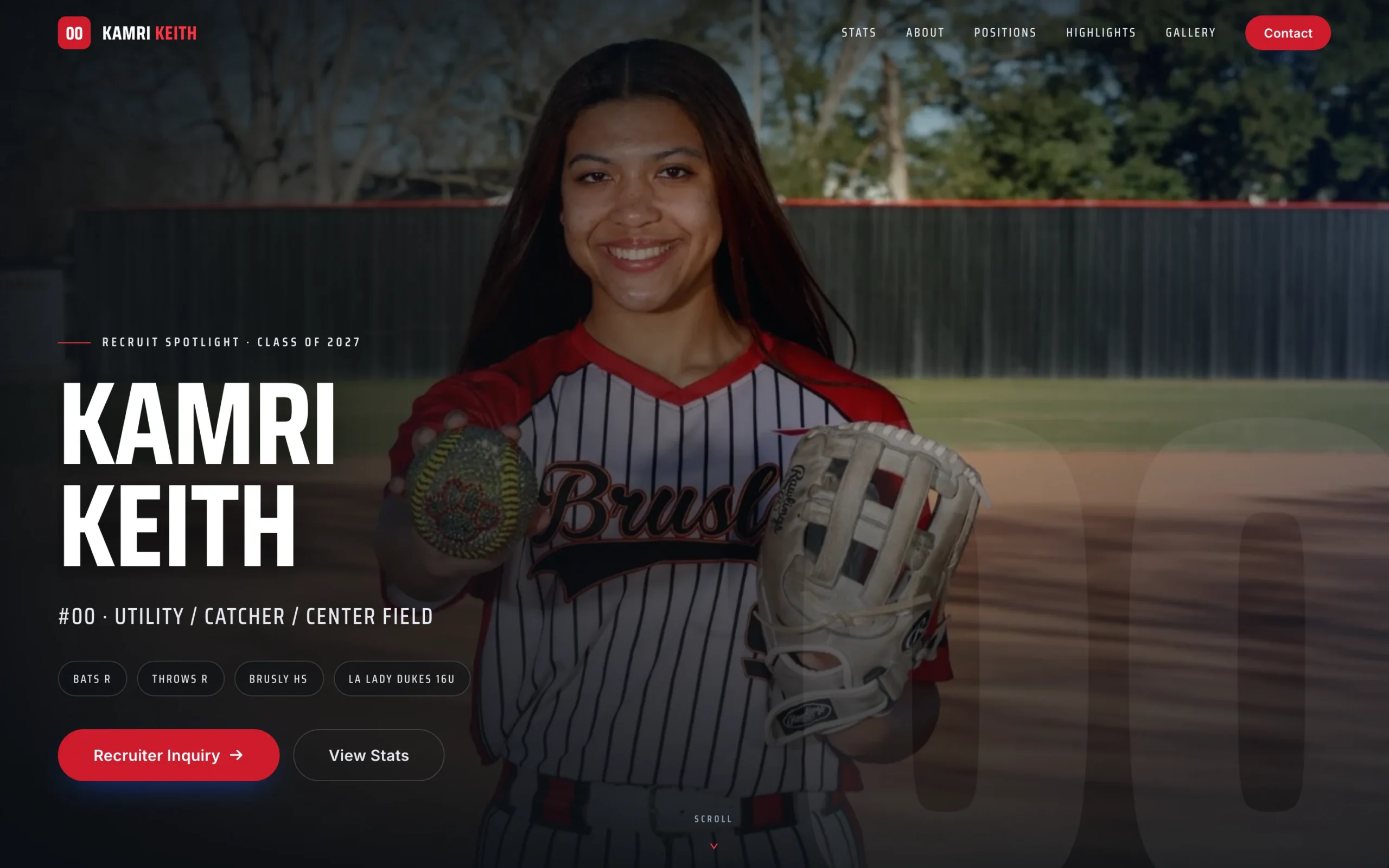 Kamri Keith softball recruiting website homepage hero on desktop, designed by BlakSheep Creative