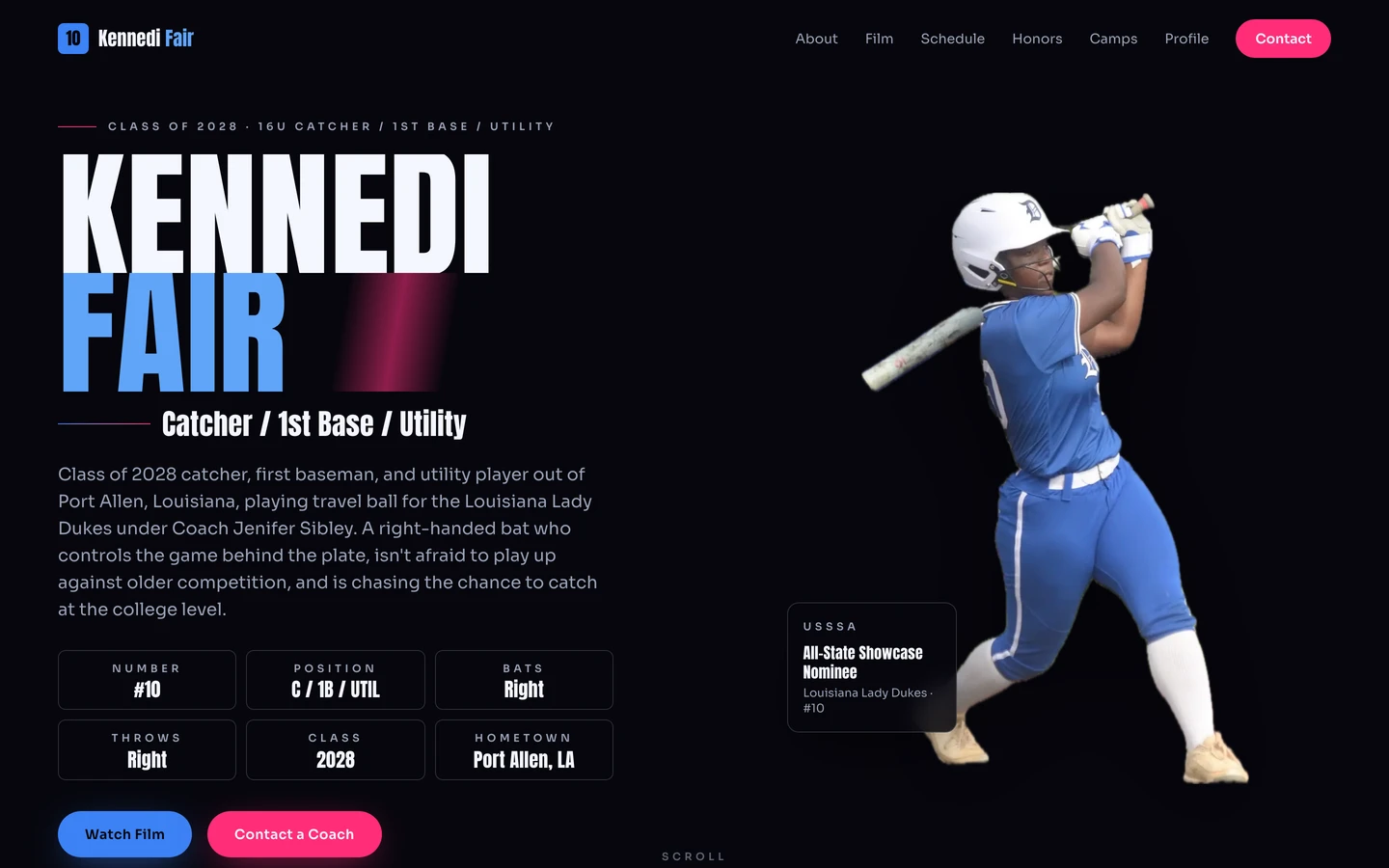 Kennedi Fair softball recruiting website homepage hero on desktop, designed by BlakSheep Creative