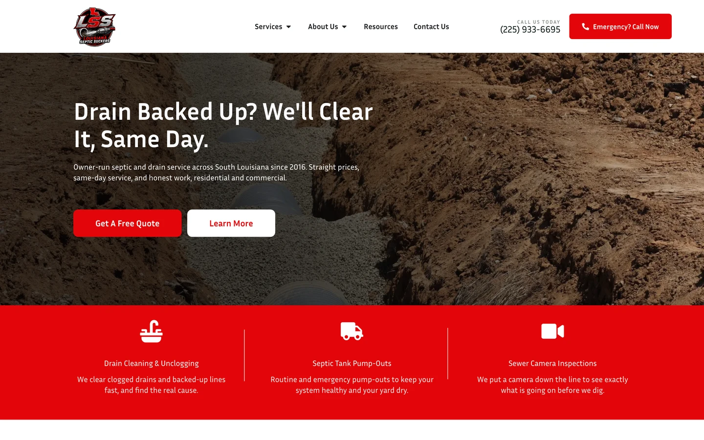 Louisiana Septic Suckers website homepage hero on desktop, designed by BlakSheep Creative