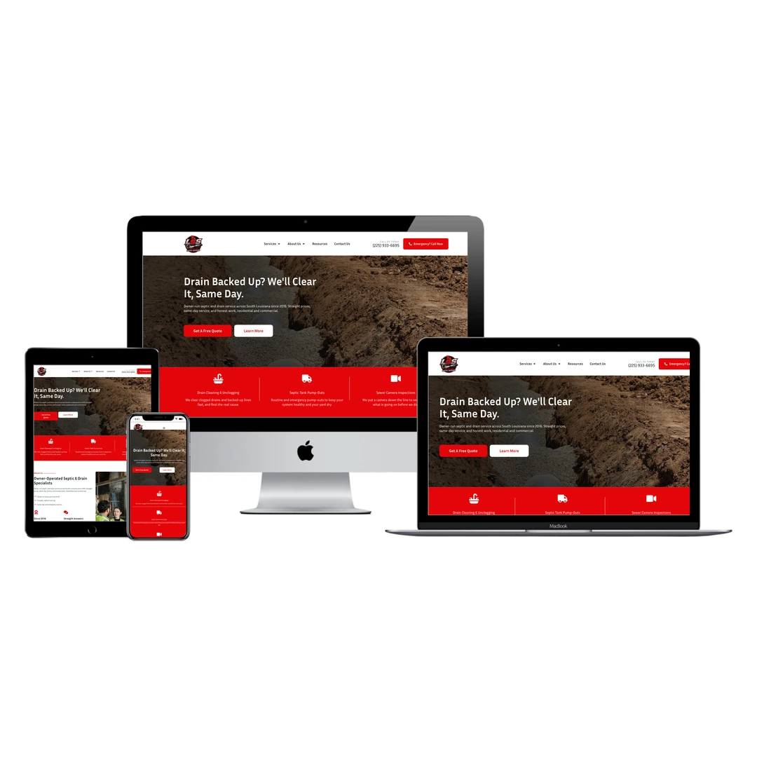 Louisiana Septic Suckers website shown across desktop, laptop, tablet, and phone, designed by BlakSheep Creative
