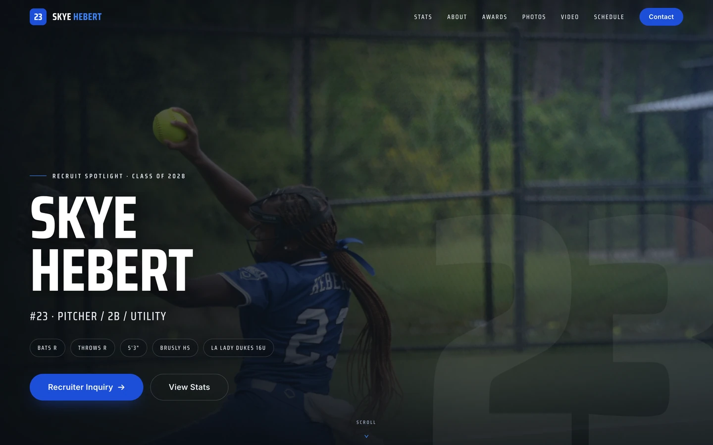 Skye Hebert softball recruiting website homepage hero on desktop, designed by BlakSheep Creative