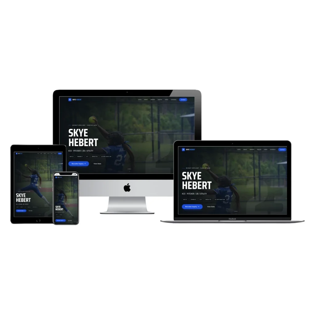 Skye Hebert softball recruiting website shown across desktop, laptop, tablet, and phone, designed by BlakSheep Creative