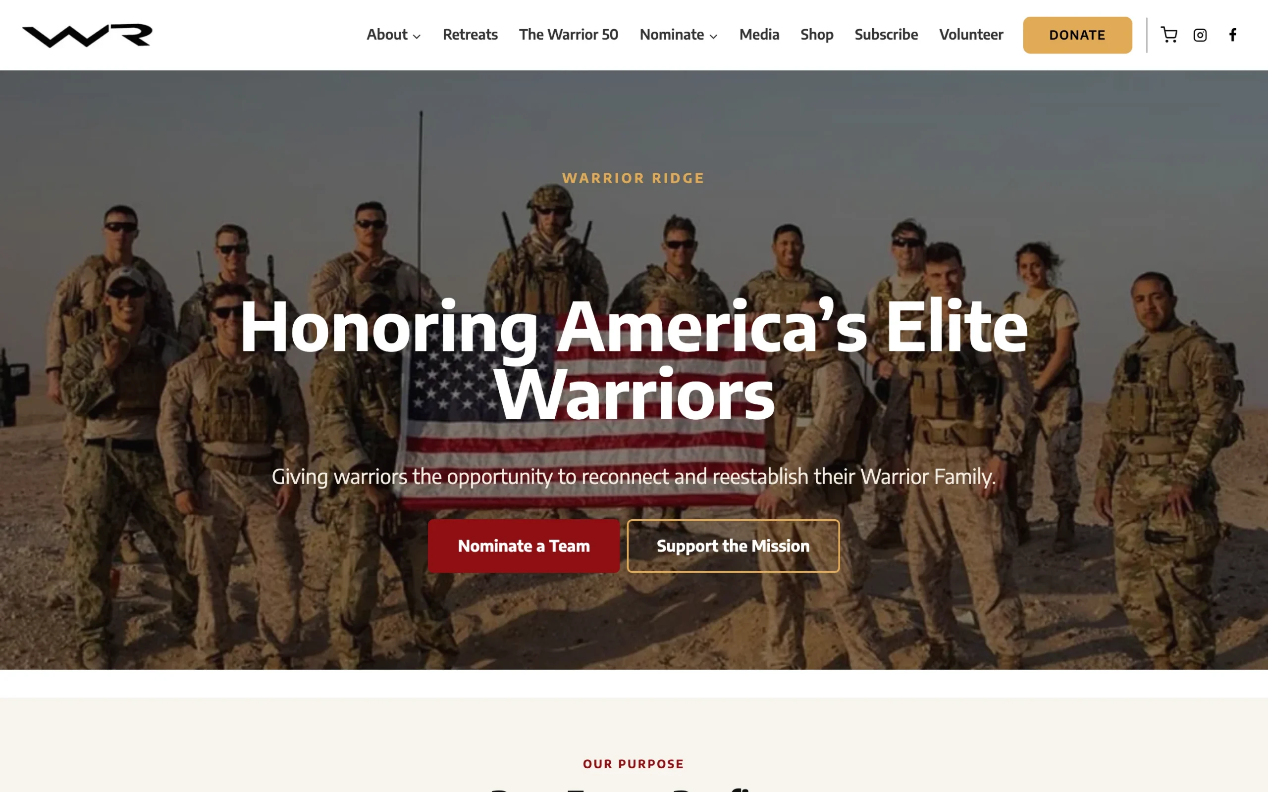 Warrior Ridge redesigned homepage hero on desktop, honoring America's elite warriors, by BlakSheep Creative