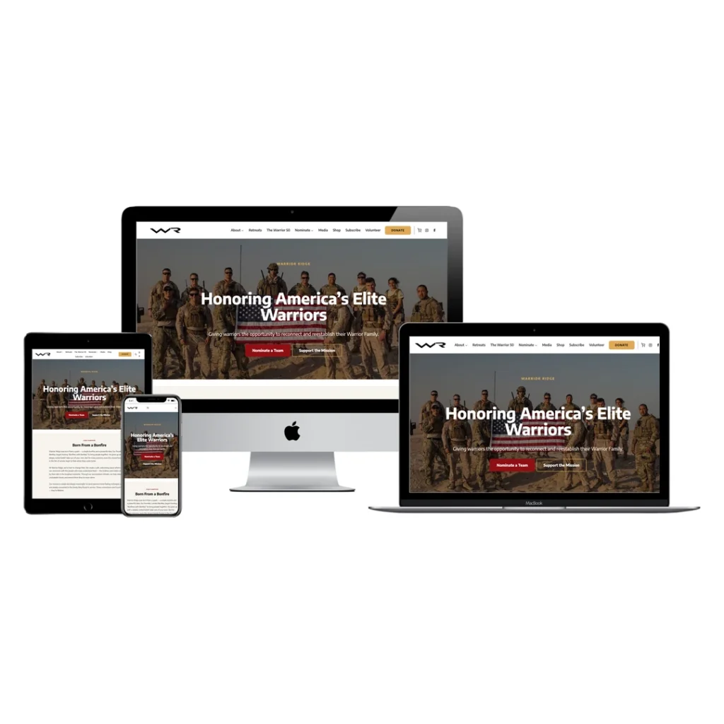 Warrior Ridge website shown on desktop, laptop, tablet, and phone, redesigned by BlakSheep Creative