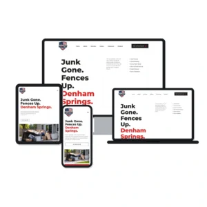 Acadian Services junk removal website shown on desktop, laptop, tablet and phone