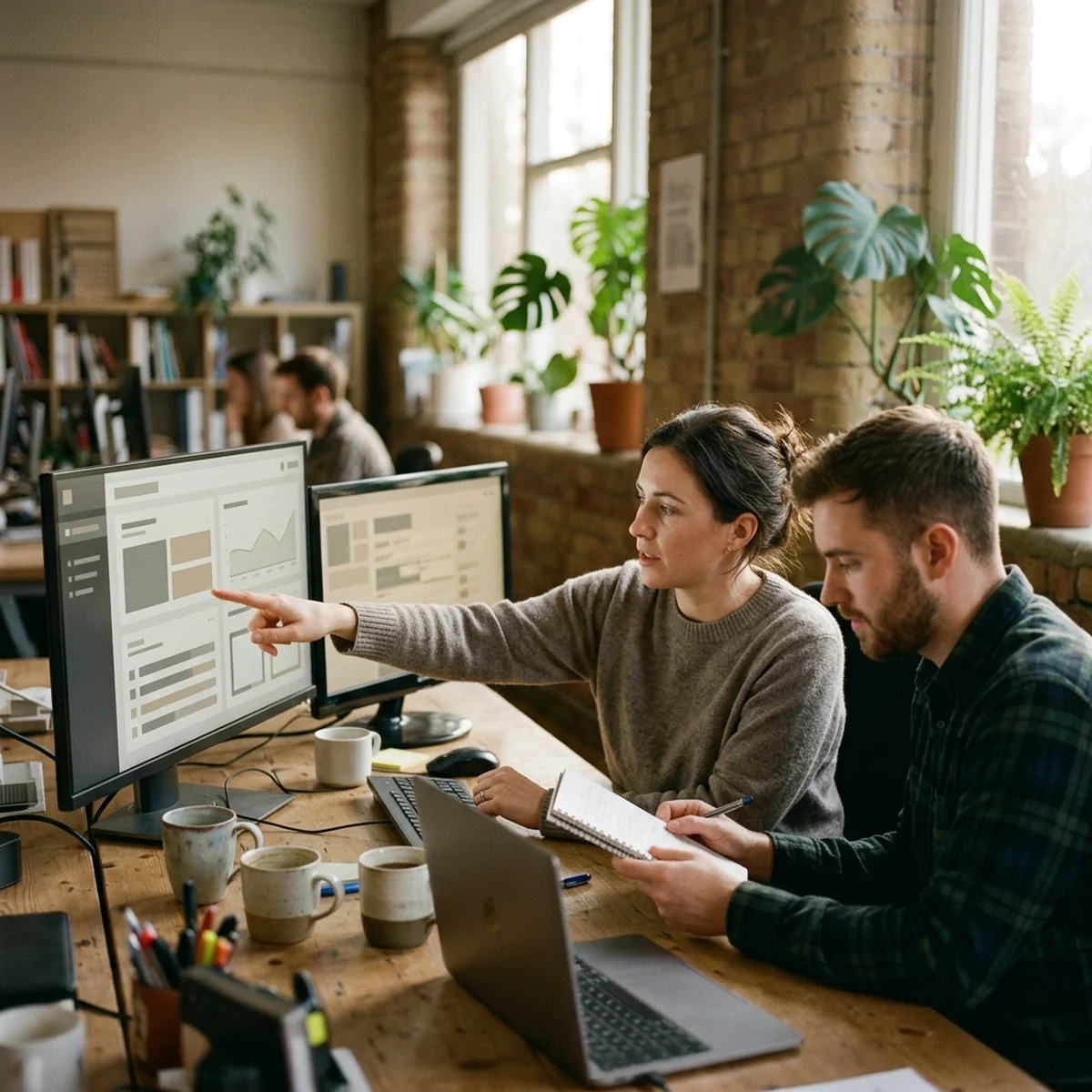 Two people at a small agency reviewing client work together on a monitor in a bright office