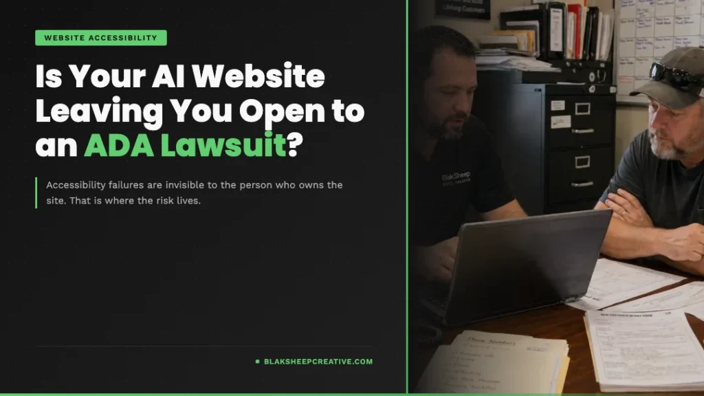 BlakSheep Creative reviewing a website on a laptop with a business owner, over the headline Is Your AI Website Leaving You Open to an ADA Lawsuit