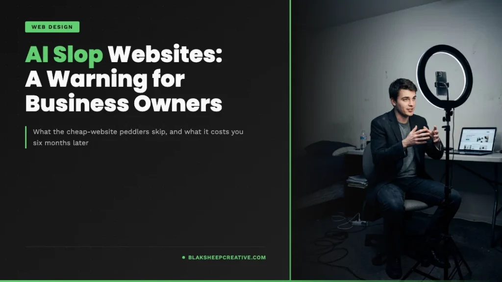 BlakSheep Creative article card reading AI Slop Websites: A Warning for Business Owners, beside a photo of a young man presenting to a smartphone on a ring light in a bare apartment room