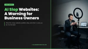 BlakSheep Creative article card reading AI Slop Websites: A Warning for Business Owners, beside a photo of a young man presenting to a smartphone on a ring light in a bare apartment room