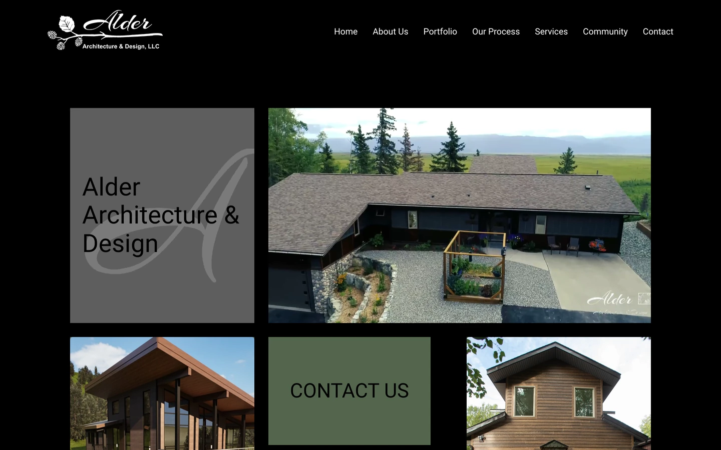 Alder Architecture and Design homepage mosaic grid of Alaska residential and commercial projects