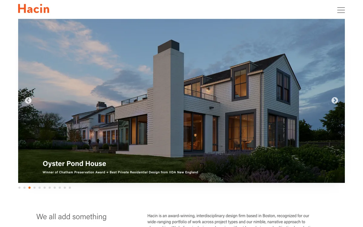 Hacin Associates architecture firm website homepage, captured 2026