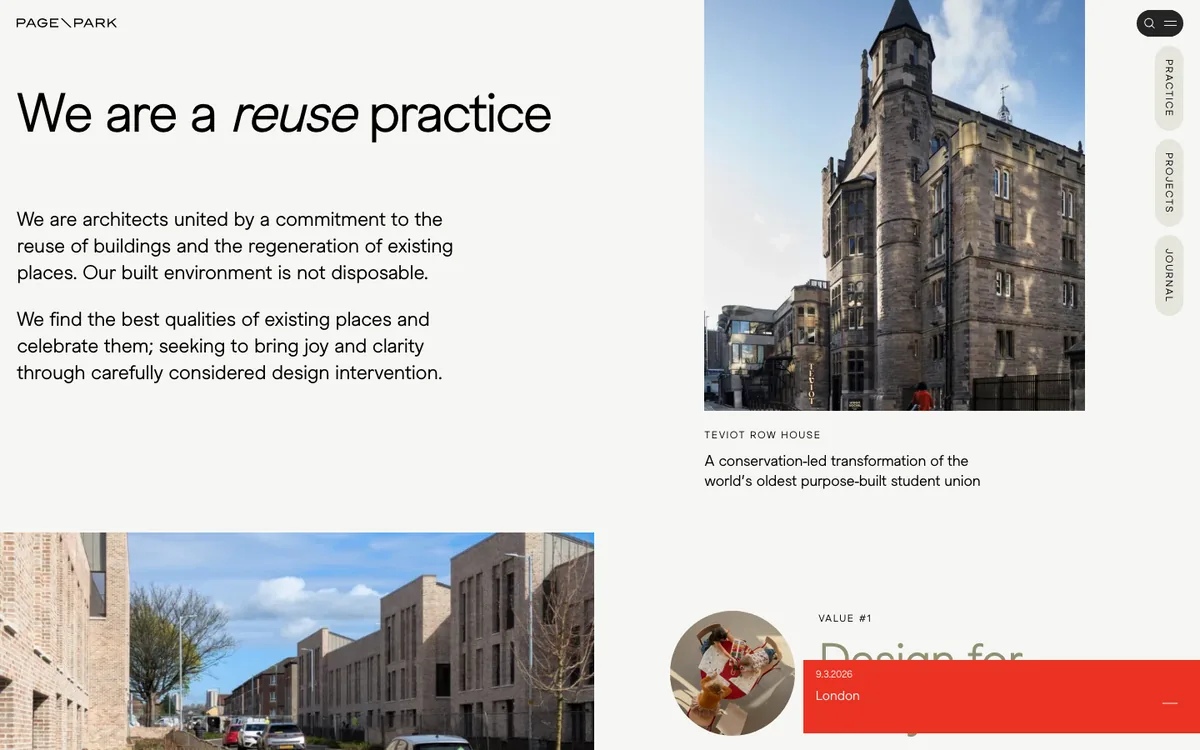 Page Park architecture firm website homepage, captured 2026