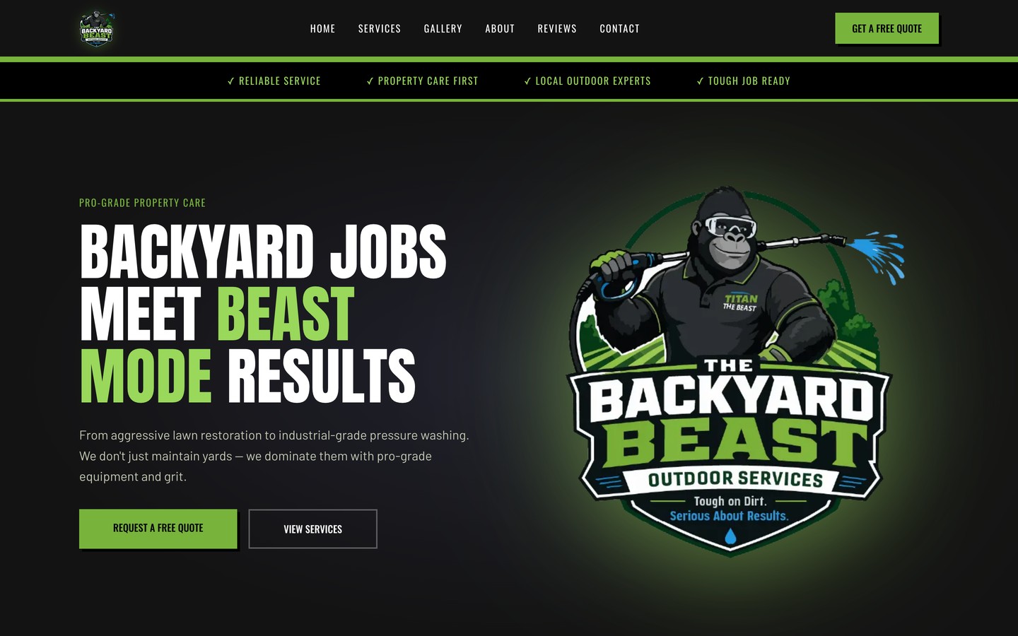 The Backyard Beast homepage showing the Titan mascot and the headline backyard jobs meet beast mode results