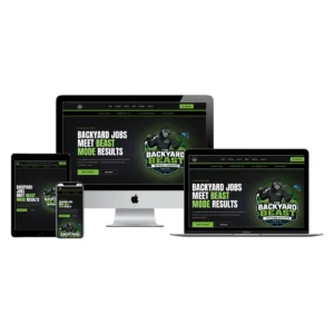The Backyard Beast outdoor services website displayed across an iMac, MacBook, iPad and iPhone