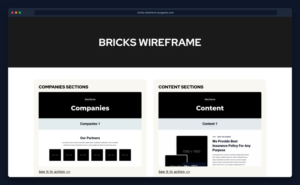 The Bricks Awesome wireframe demo showing a catalog of section categories including companies, content, header, testimonials, footer and gallery