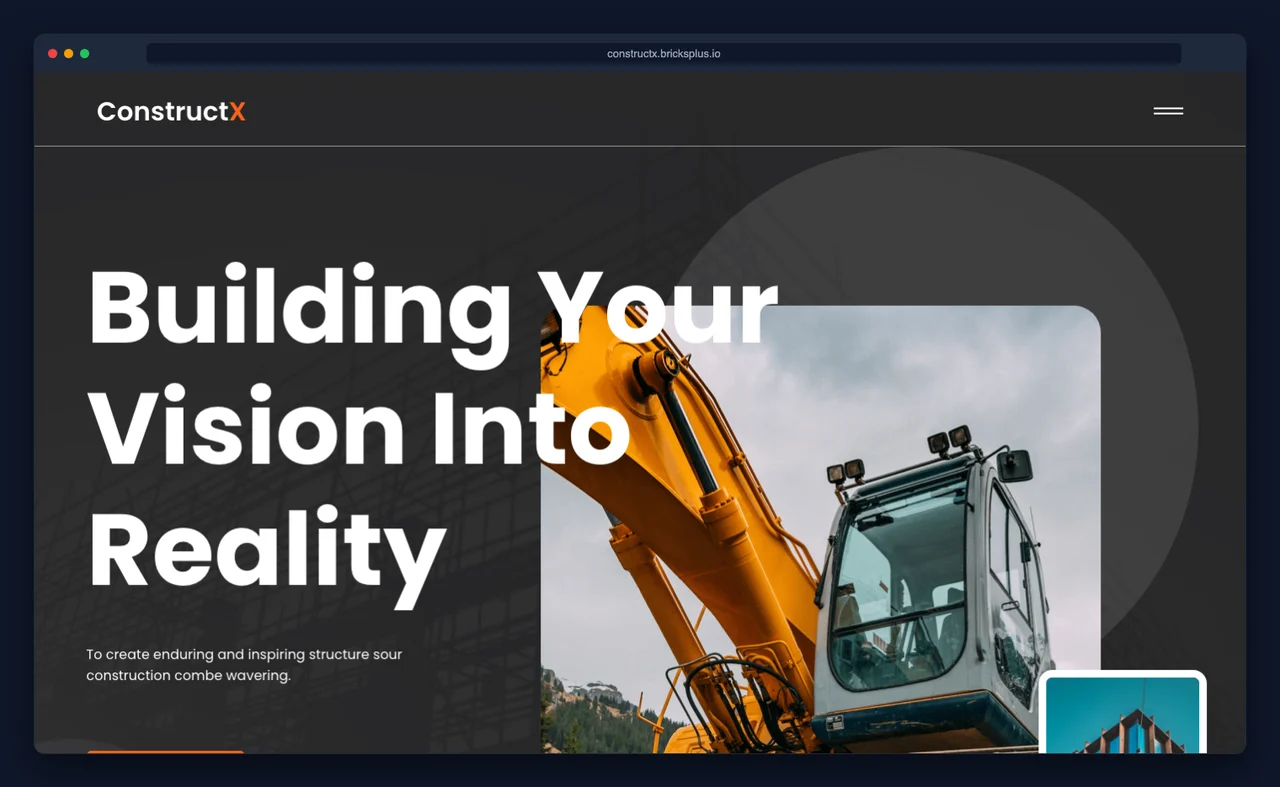 Screenshot of the ConstructX construction company website template from BricksPlus, showing a dark hero with large display type and an excavator photograph