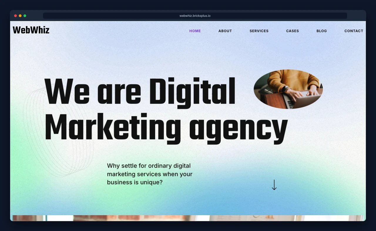 Screenshot of the WebWhiz digital agency website template from BricksPlus, showing a light gradient hero with heavy condensed display type