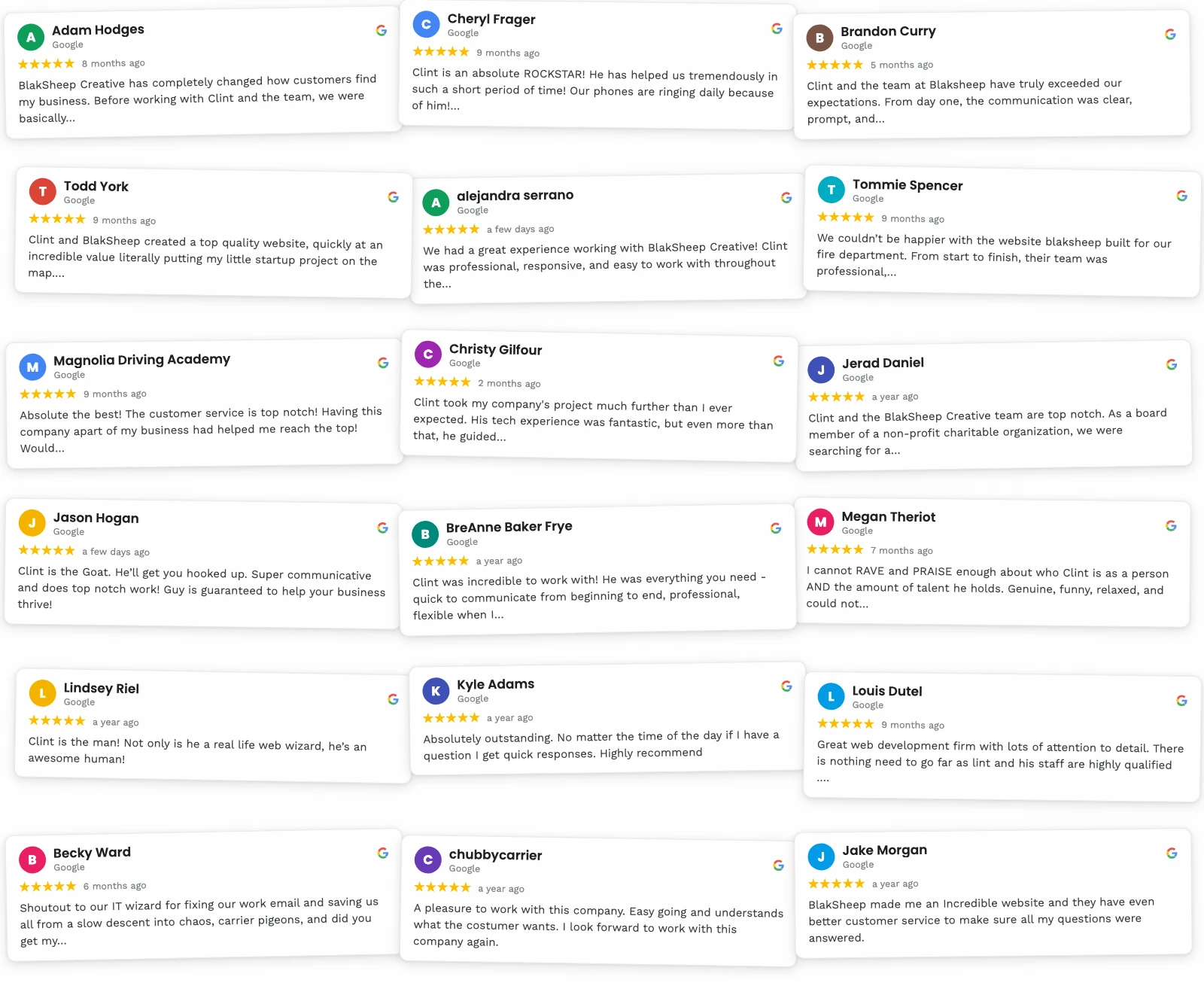 Eighteen five-star Google reviews for BlakSheep Creative from real clients, part of a 5.0 average across 77 reviews