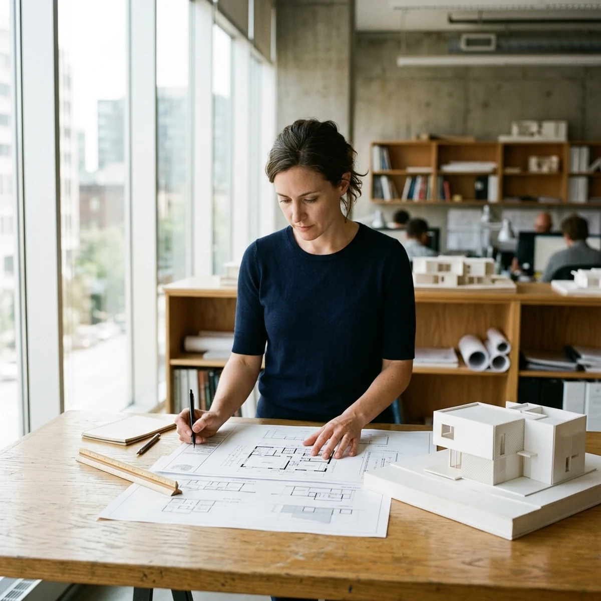 Architect reviewing printed floor plans and a white scale model at a drafting table in a daylit design studio