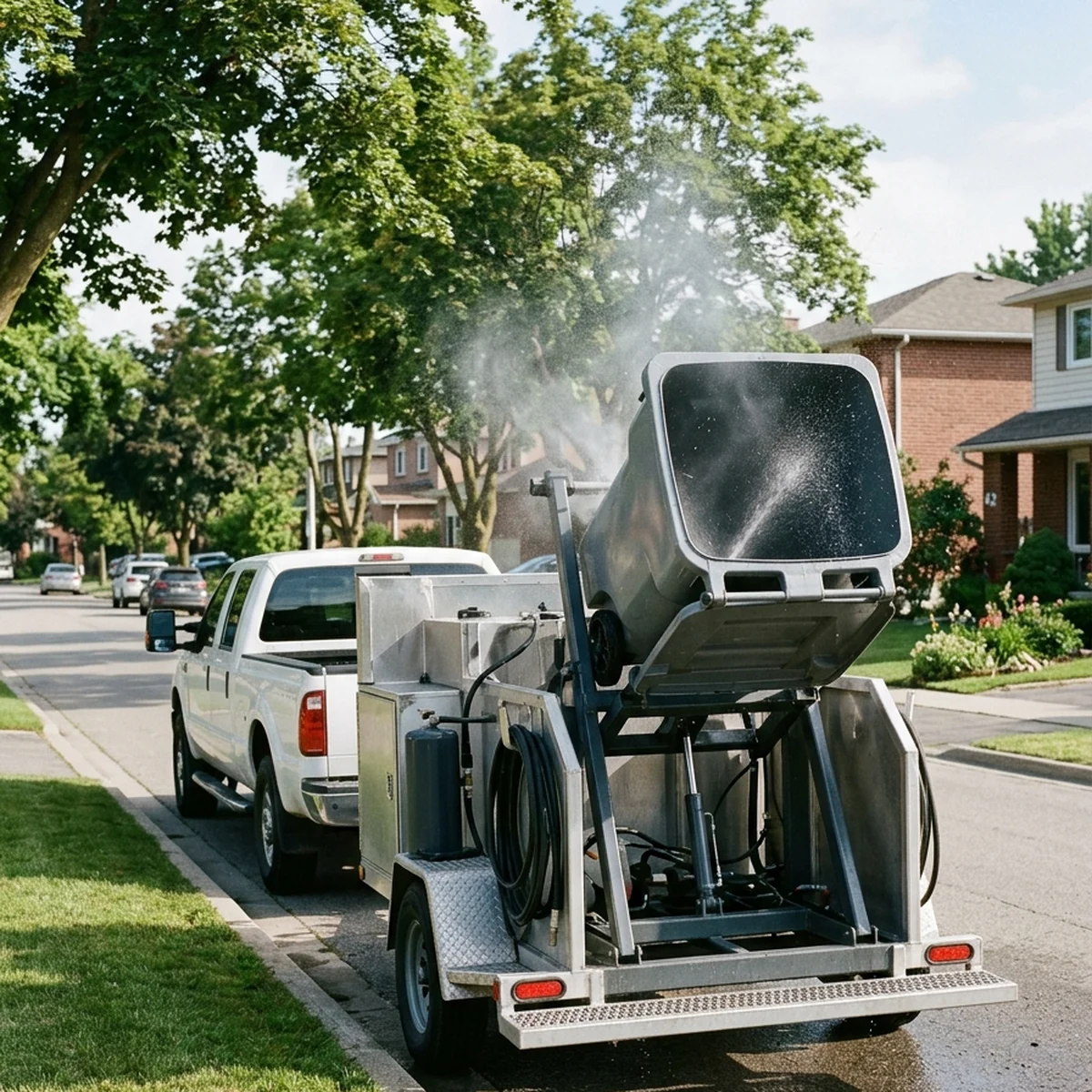 Trash bin cleaning trailer servicing a wheeled bin on a suburban street