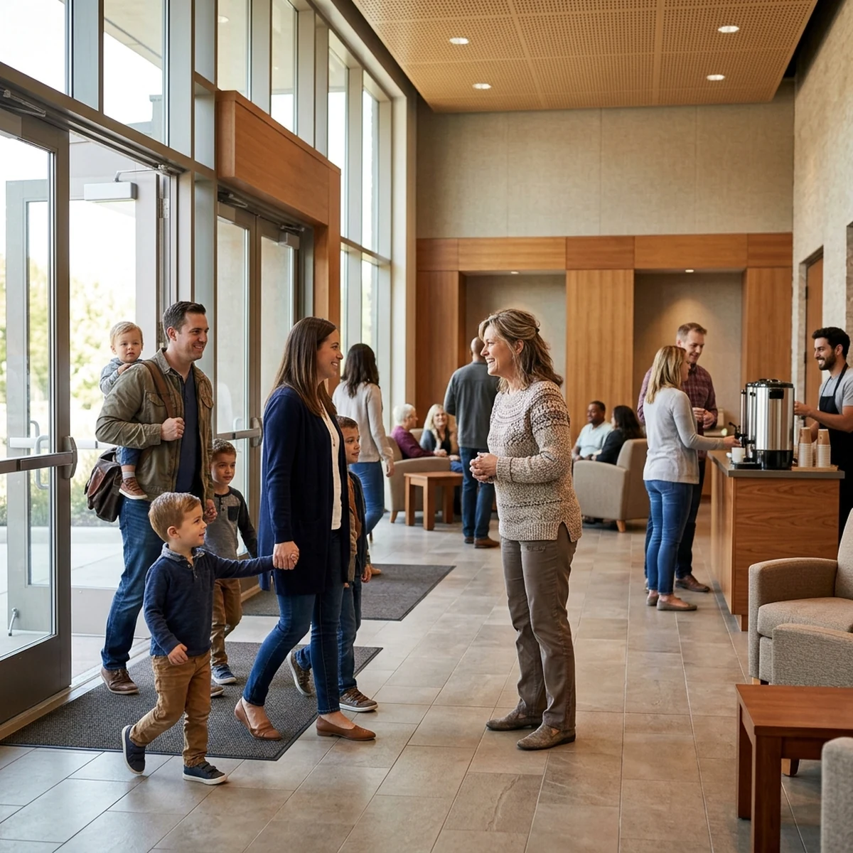 Greeter welcoming a young family arriving in a bright church lobby on a Sunday morning