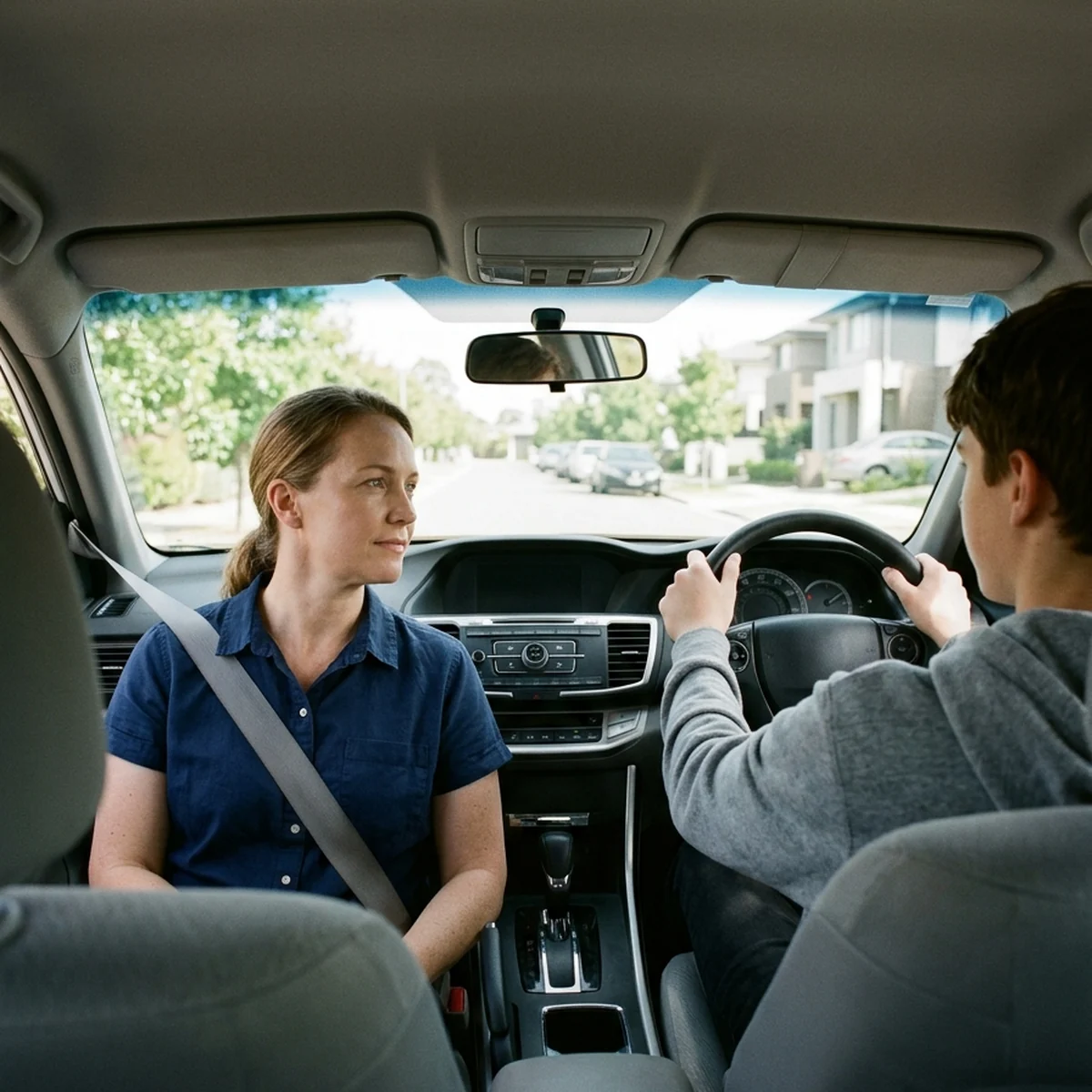 Driving instructor beside a teenage student driver during a lesson